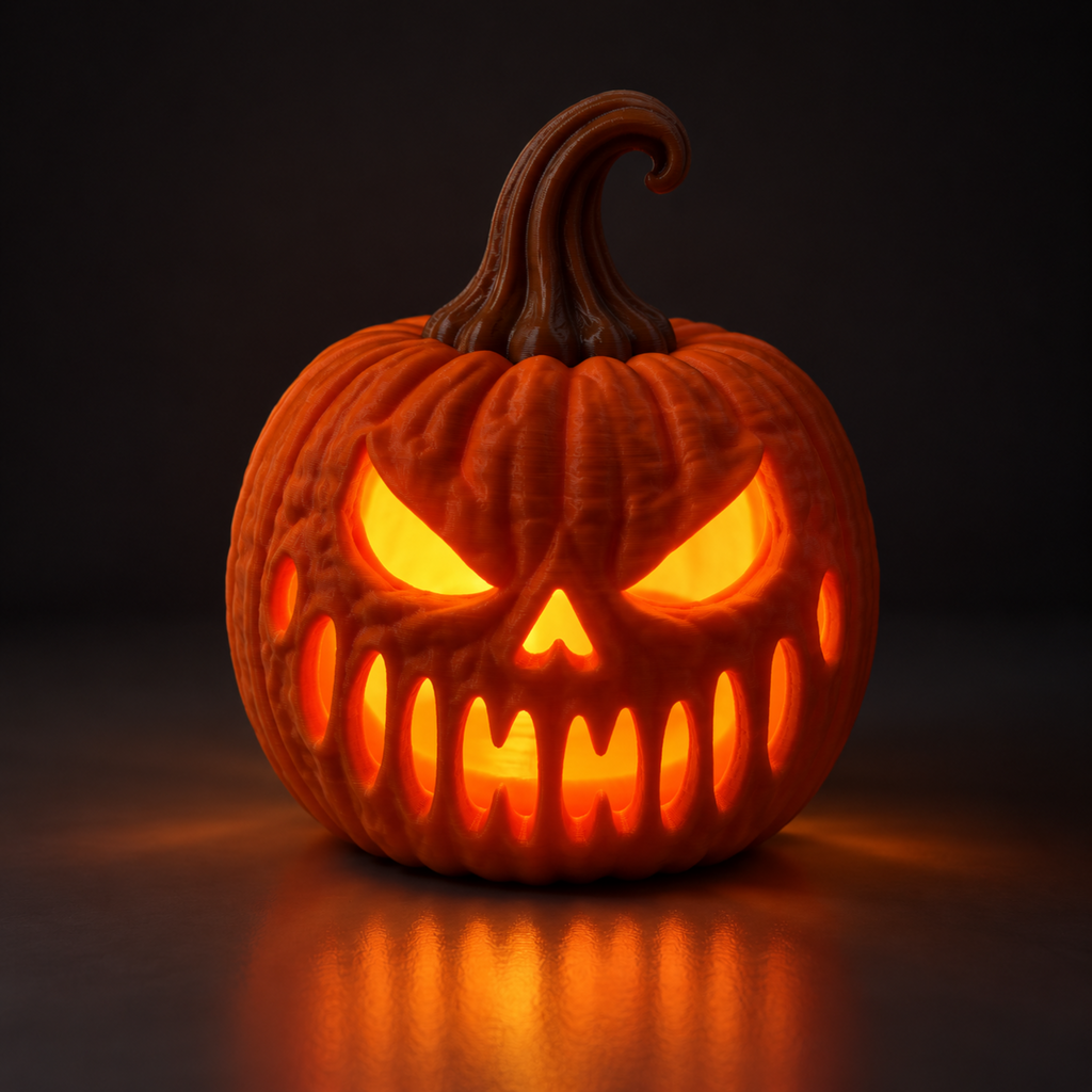 Bad Pumpkin LED tealight holder glowing against a dark background