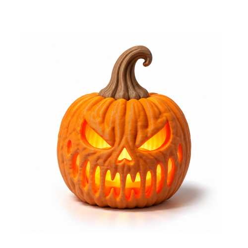 Bad Pumpkin LED tealight holder, glowing front view on white background