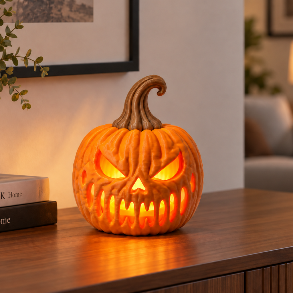 Bad Pumpkin LED tealight holder glowing on a wooden table