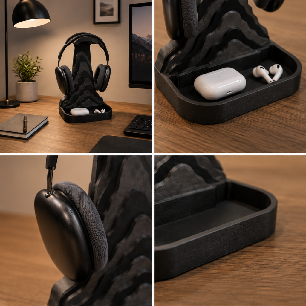 Bergamont Headphone Stand detail and lifestyle collage