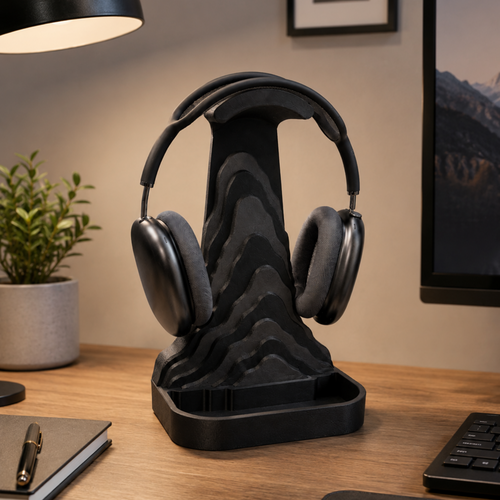 Bergamont Headphone Stand displayed on a warm desk
