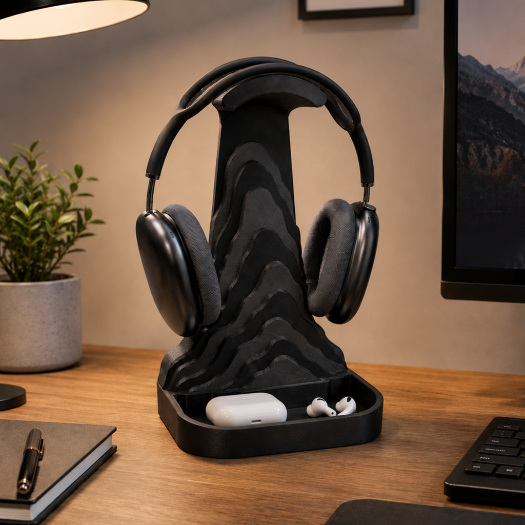 Bergamont Headphone Stand with small accessories stored in the front tray