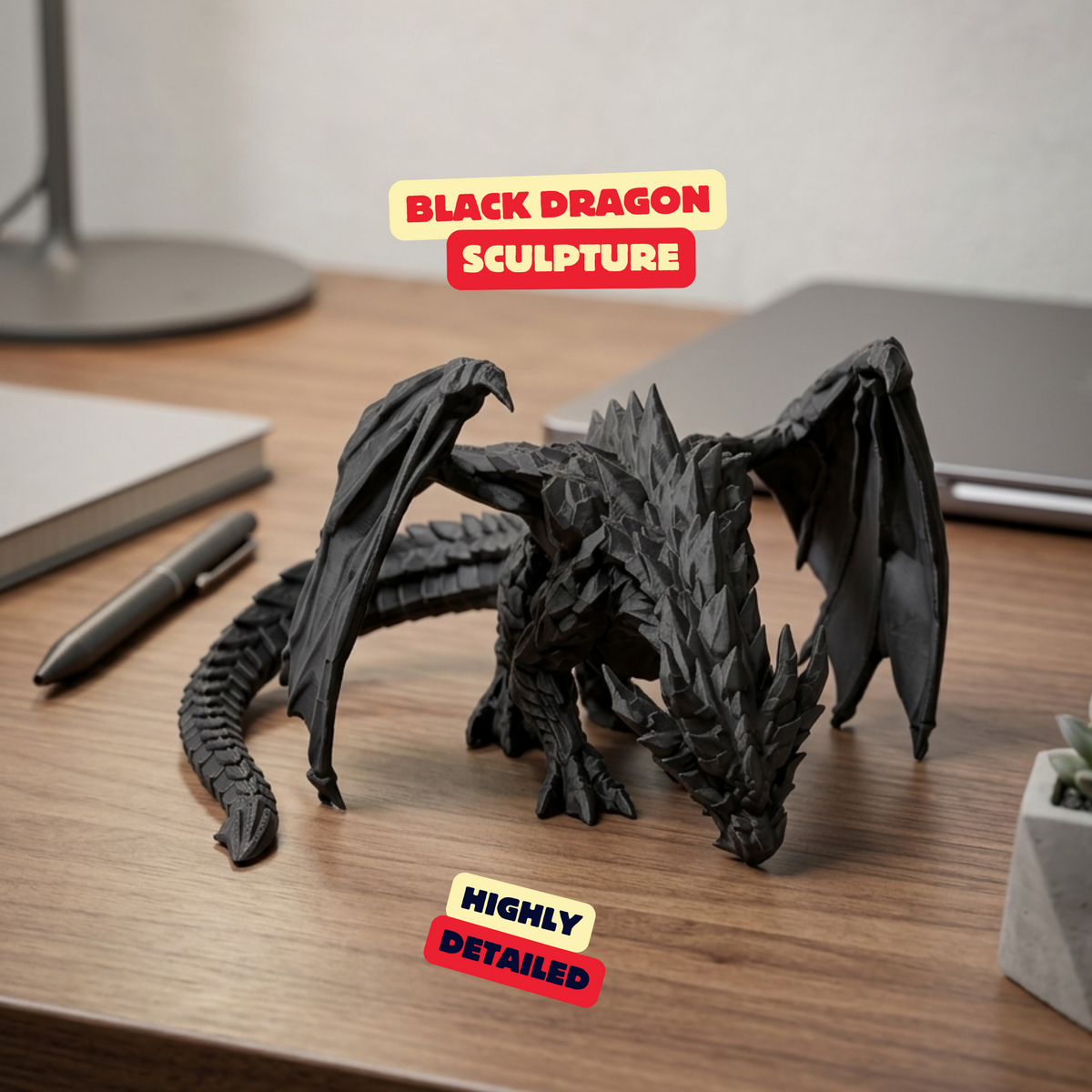 Black Dragon Sculpture lifestyle image with product title and highly detailed label