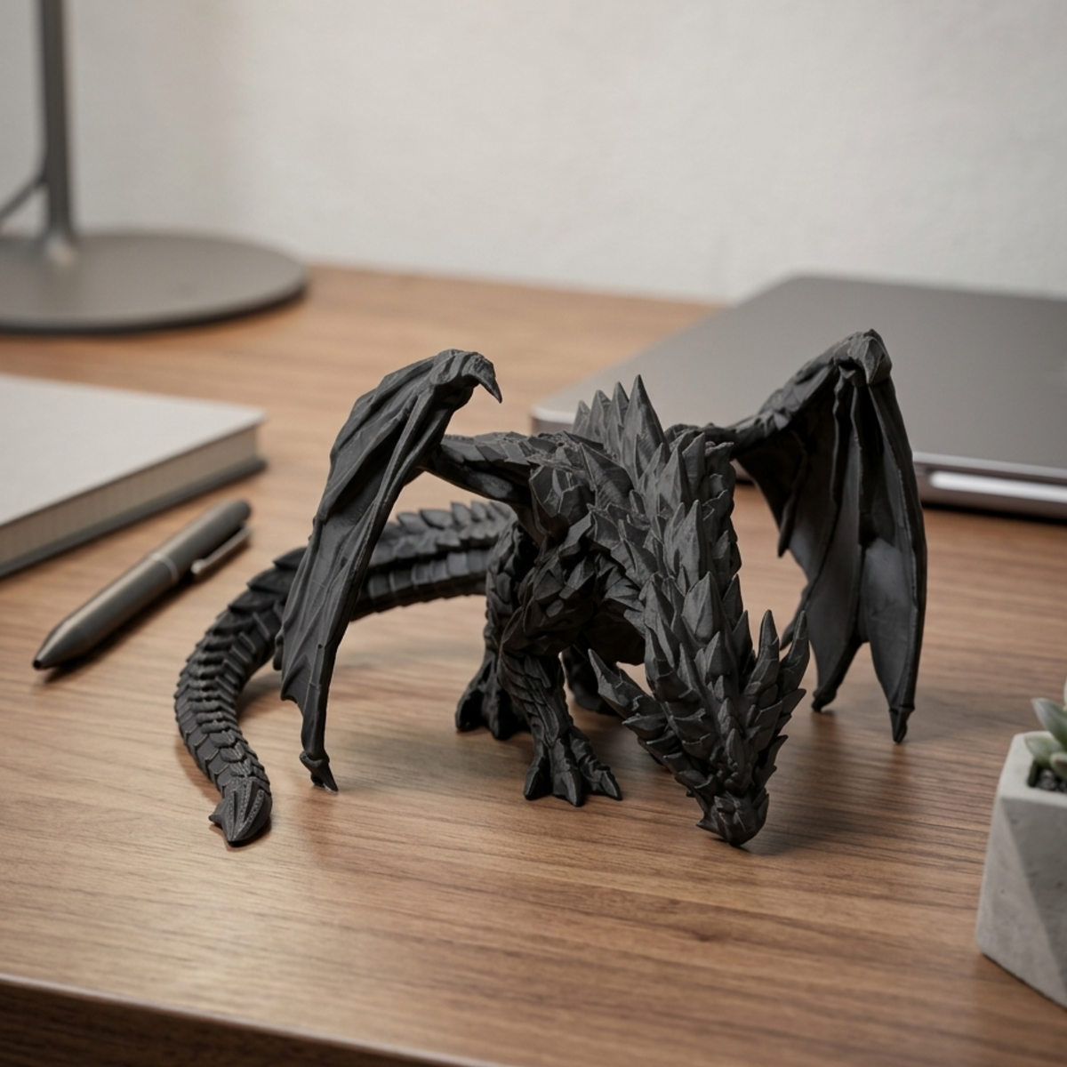 Black Dragon Sculpture displayed on a desk in a warm workspace