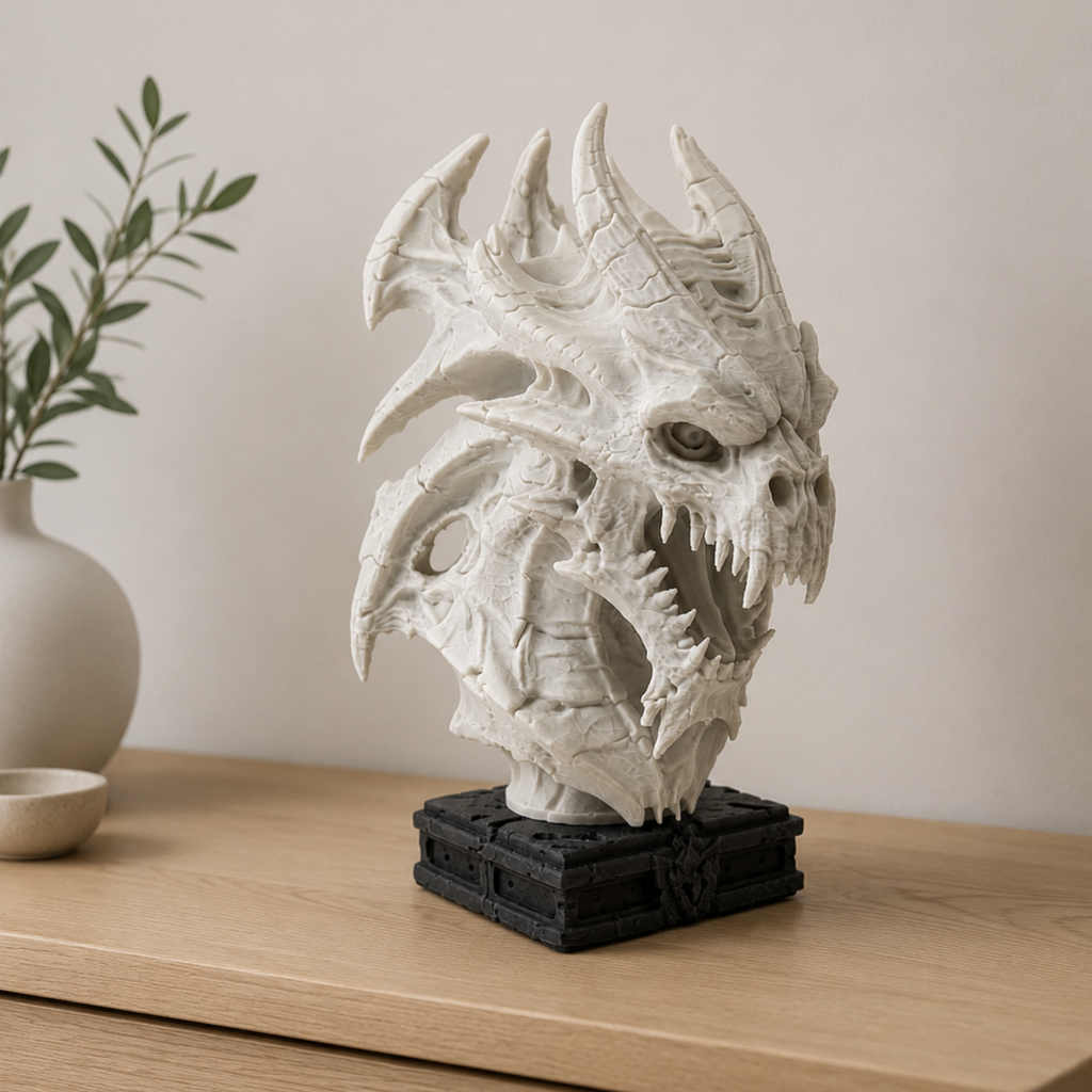 Dead Dragon Bust displayed in a warm interior