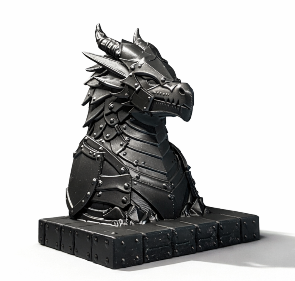 Armoured dragon book stand, front three-quarter view