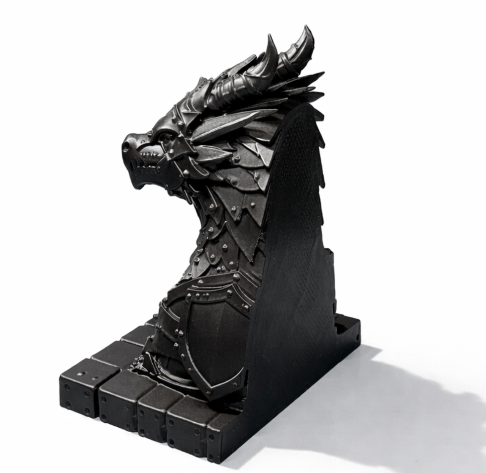 Armoured dragon book stand, side view showing the book support