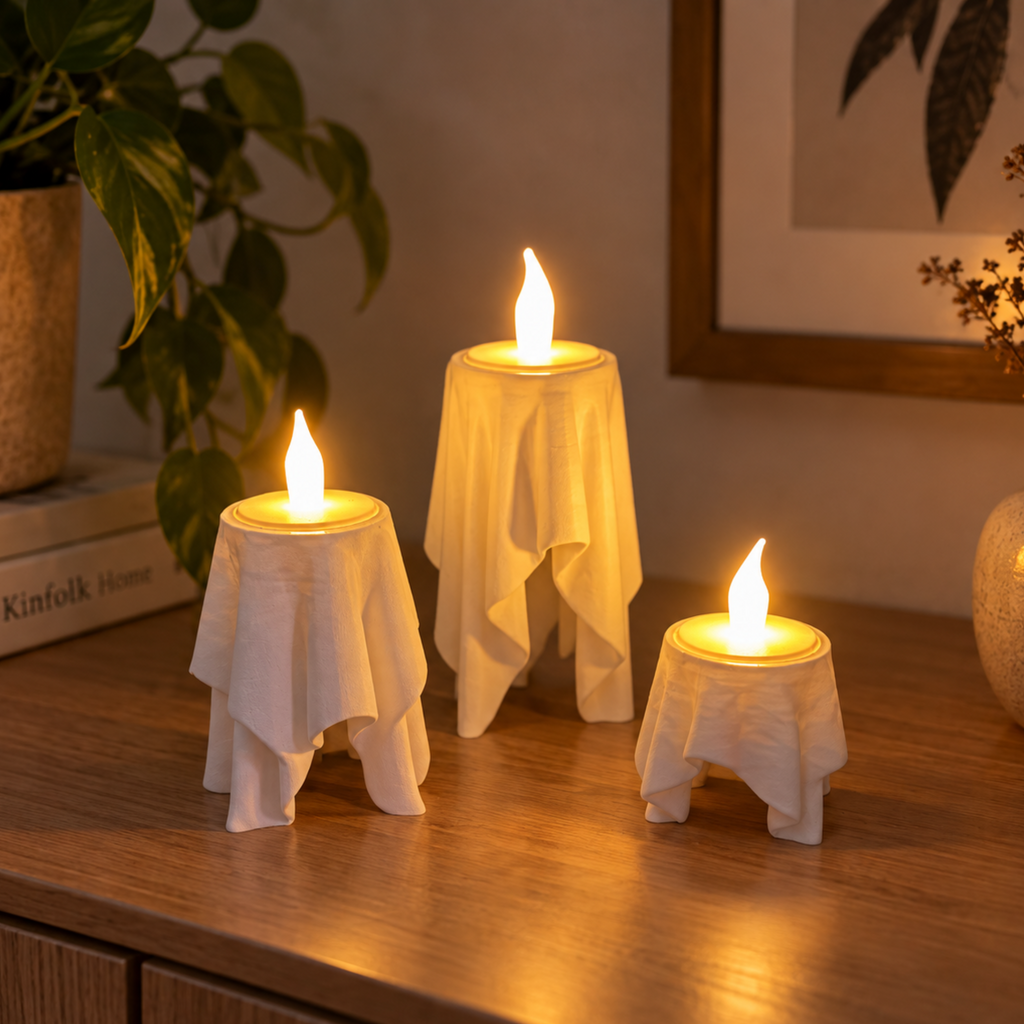 Floating Drape LED tealight holders, three sizes glowing on a wooden table