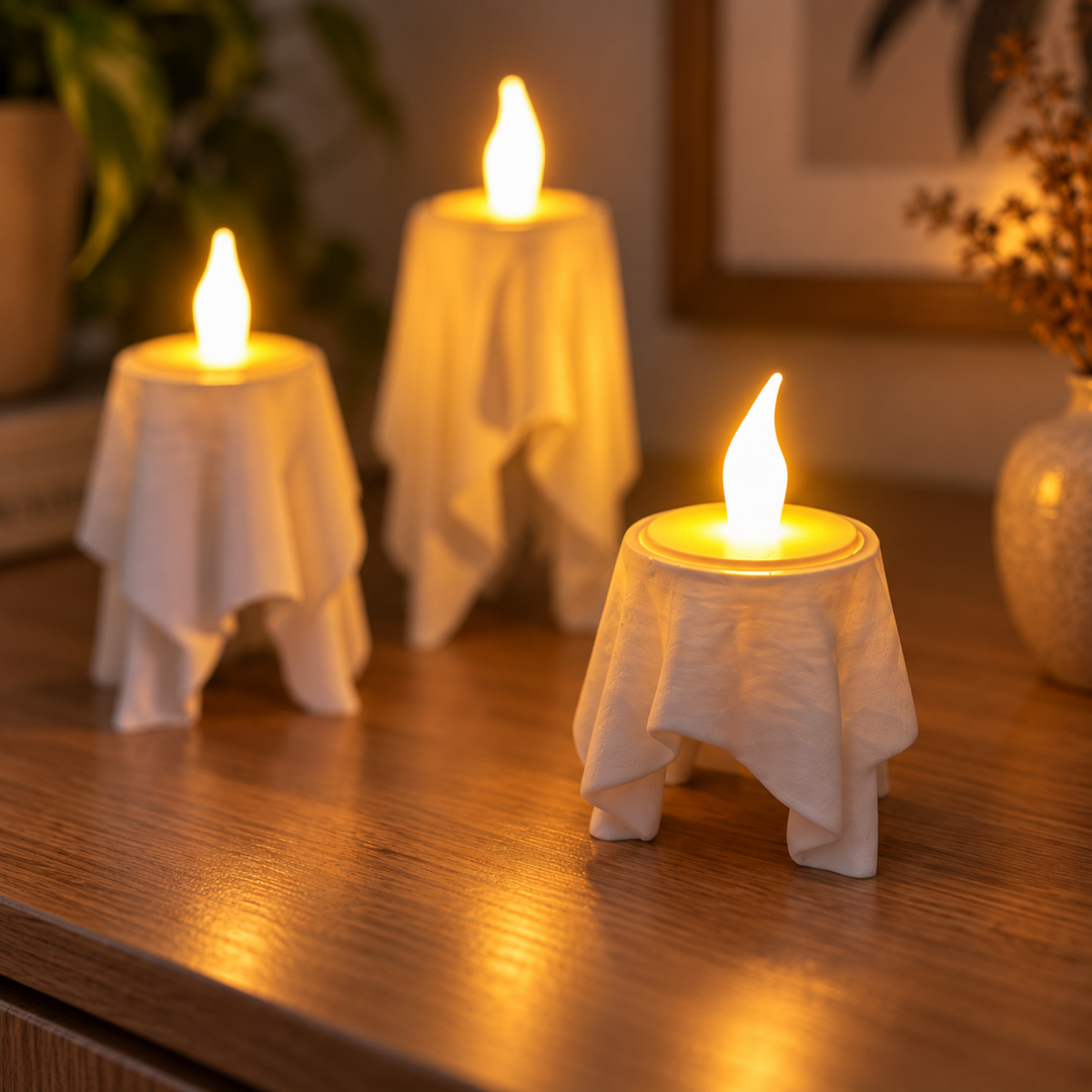 Floating Drape LED tealight holders glowing together in a warm interior