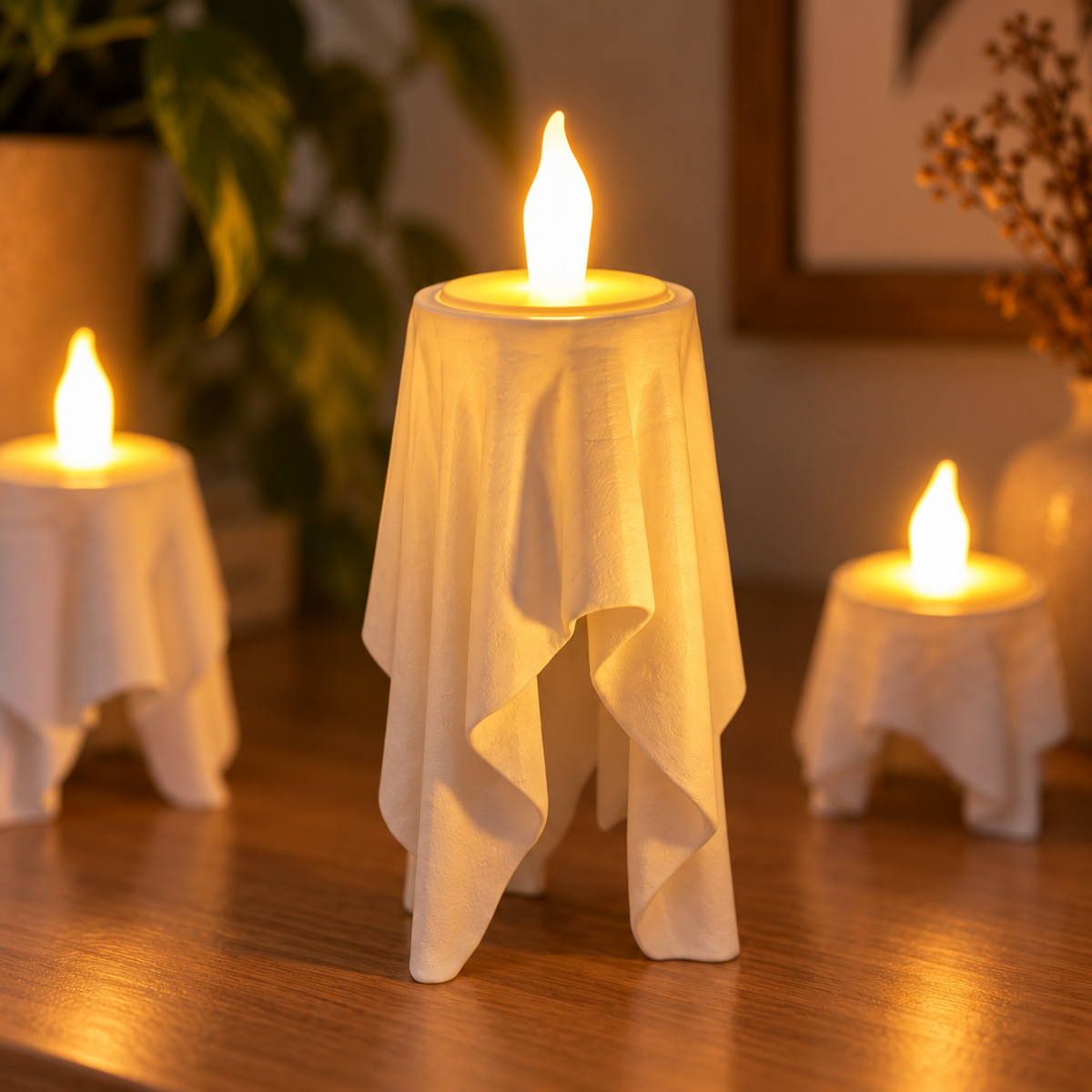 Tall Floating Drape LED tealight holder glowing in a warm interior