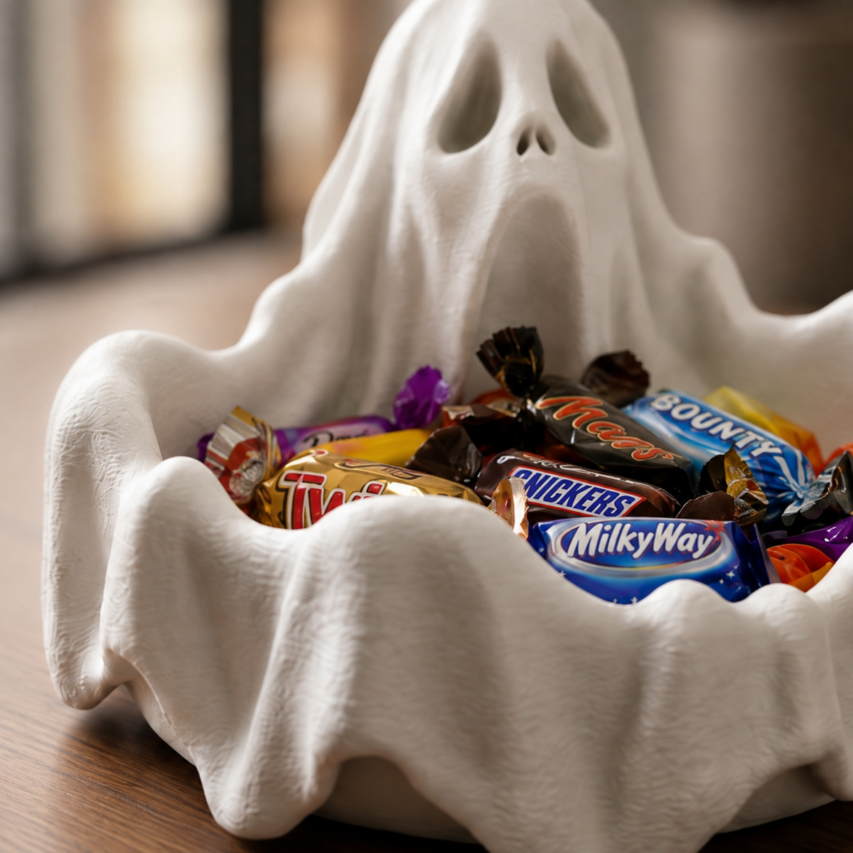 Ghost Bowl displayed with wrapped sweets in a warm interior