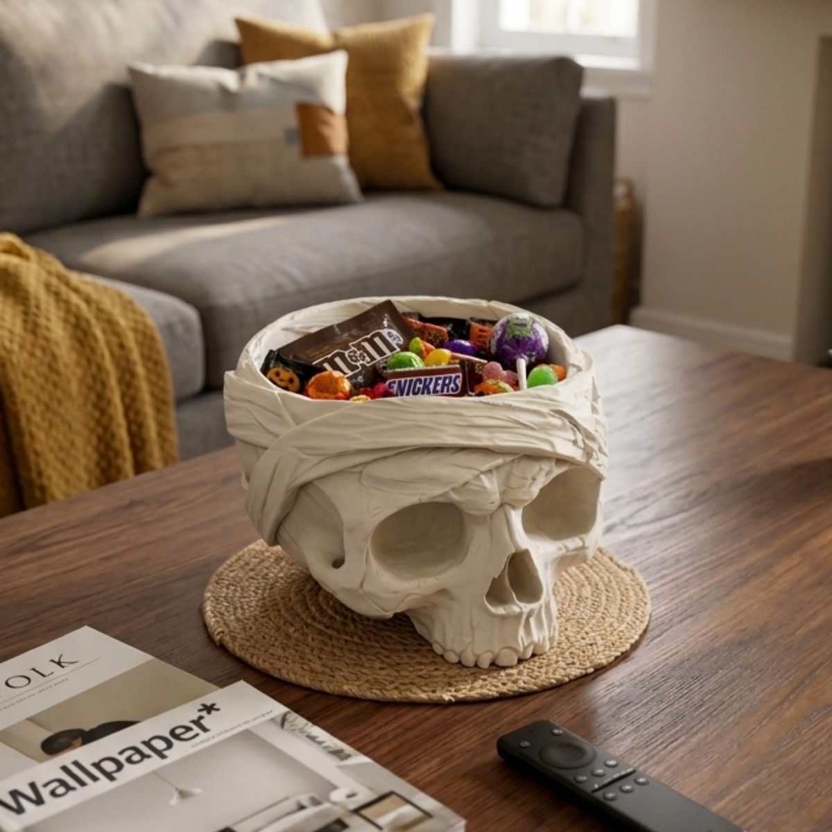 Mummy Skull Bowl displayed as a catch-all bowl in a warm living room