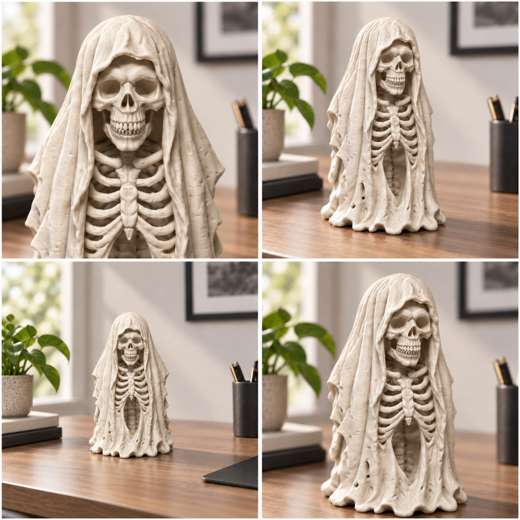 Skeleton Under Robe 3D printed decoration shown from multiple lifestyle angles