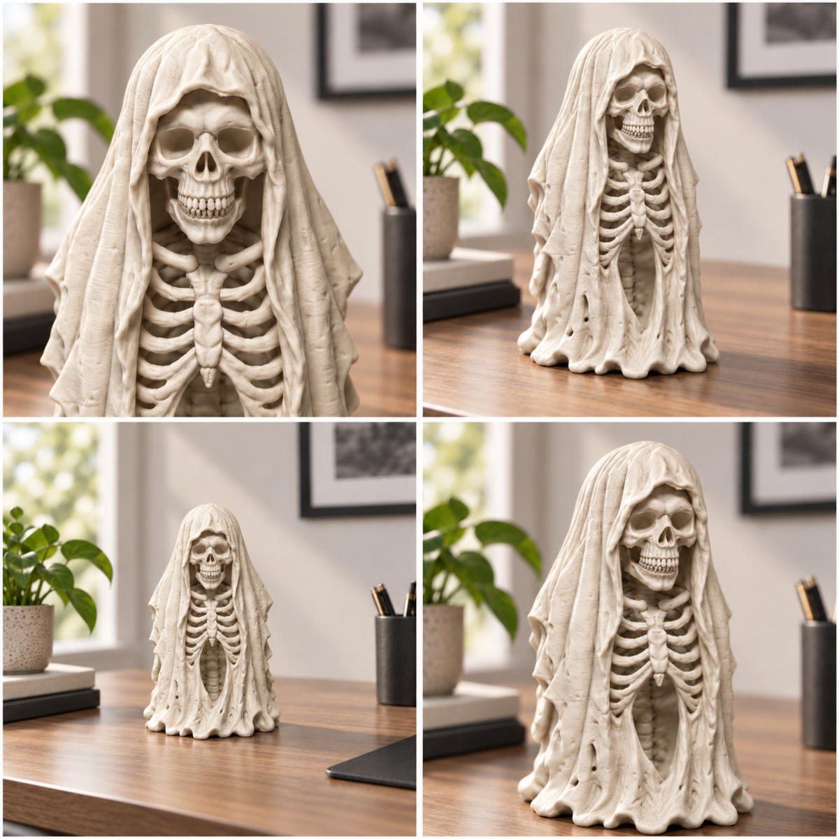Skeleton Under Robe 3D printed decoration shown from multiple lifestyle angles