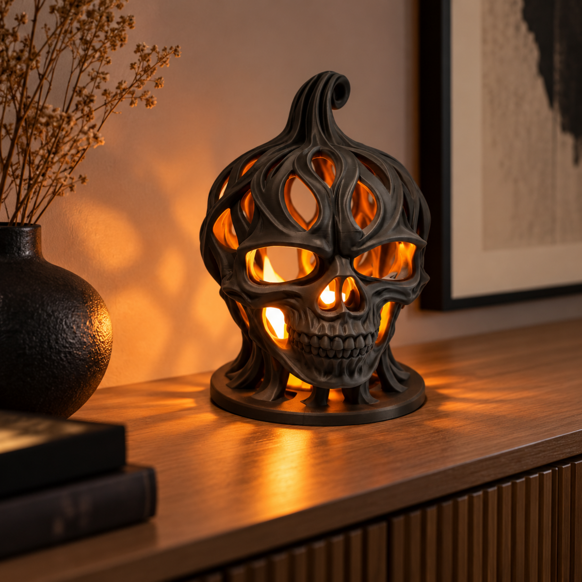 Voronoi Skeleton Head Pumpkin glowing with an LED tealight in a warm interior