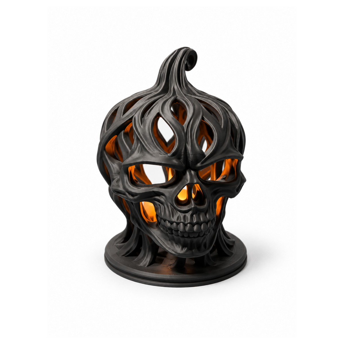 Voronoi Skeleton Head Pumpkin glowing with an LED tealight, side view