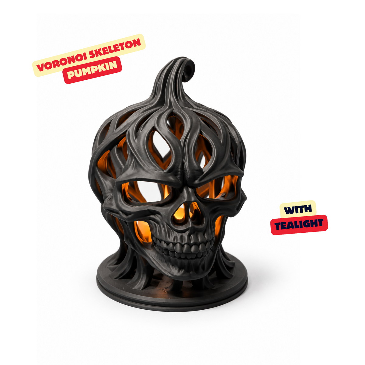 Voronoi Skeleton Head Pumpkin LED tealight holder, three-quarter view