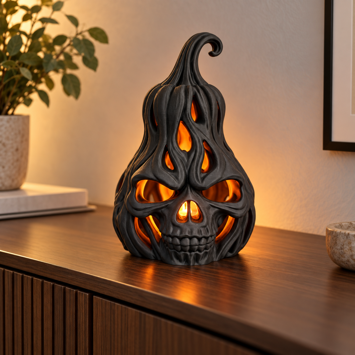Voronoi Skeleton Pumpkin glowing with an LED tealight in a warm interior