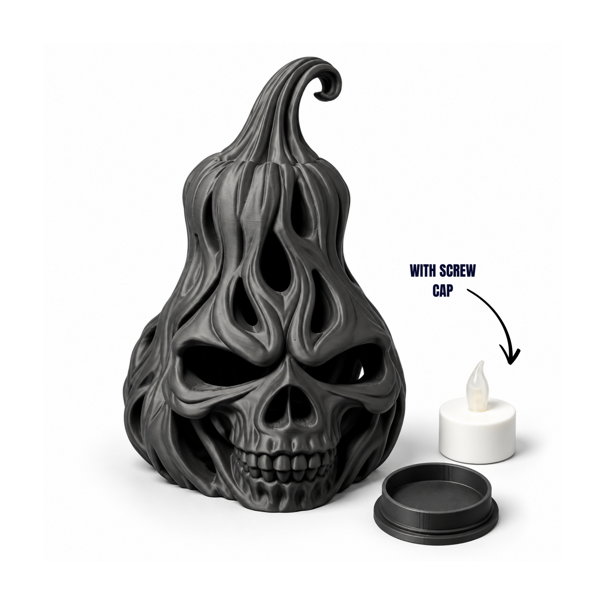 Voronoi Skeleton Pumpkin showing the removable screw cap and LED tealight