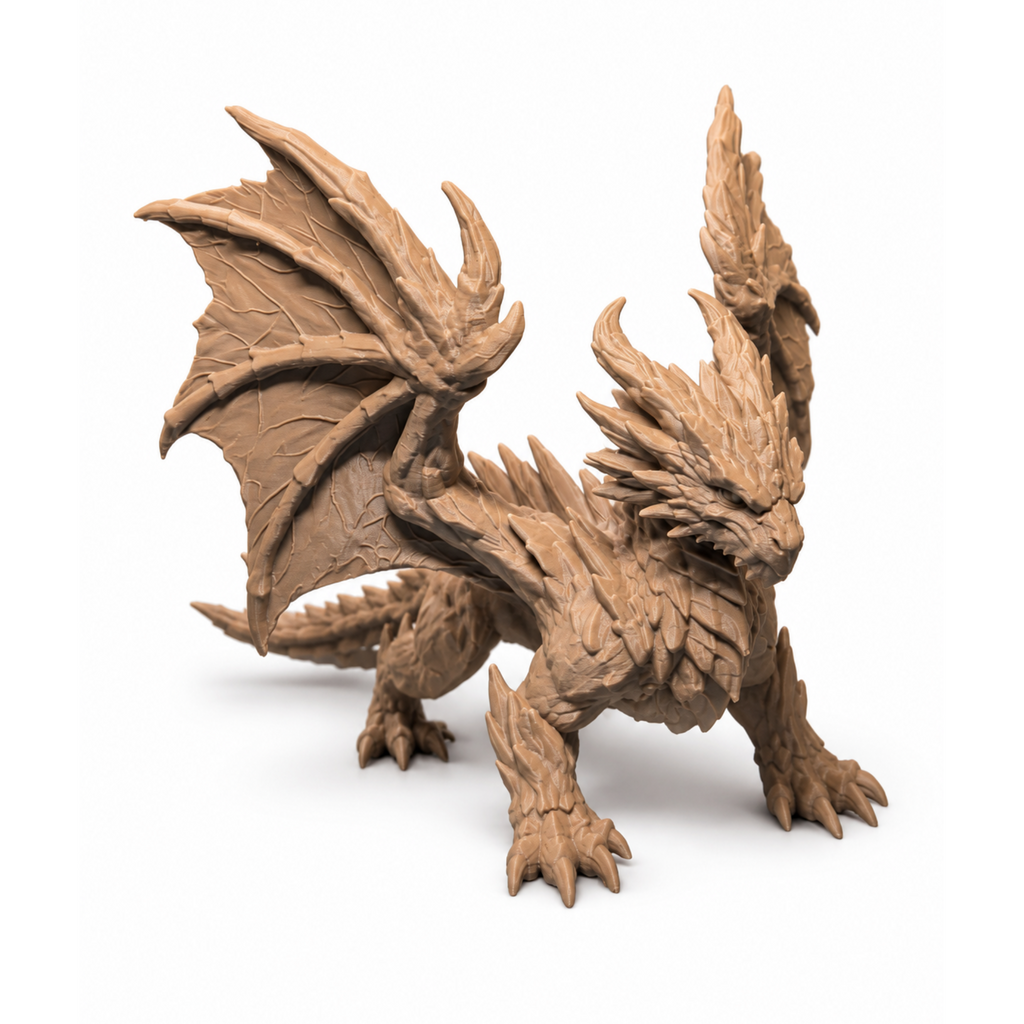 Wood Dragon Sculpture 3D print, alternate front angle on white background