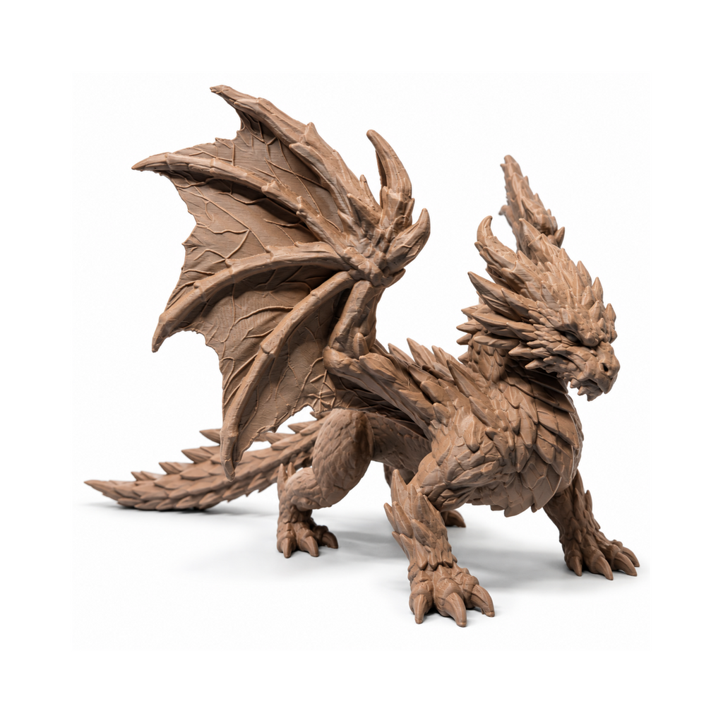 Wood Dragon Sculpture 3D print, front three-quarter view on white background
