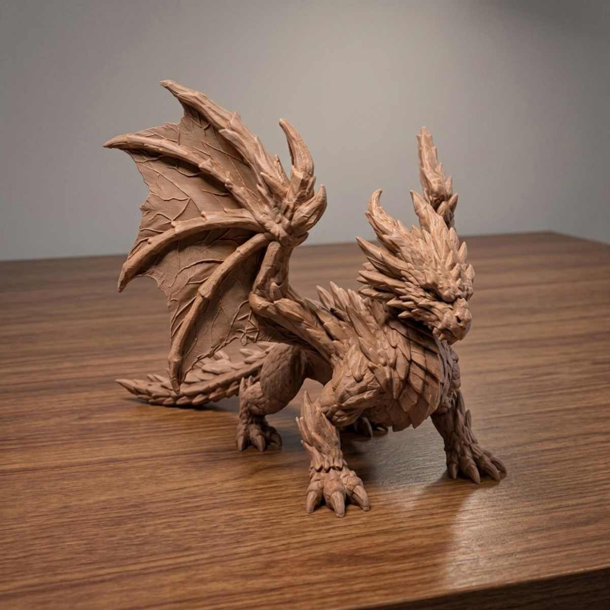 Wood Dragon Sculpture displayed on a wooden table