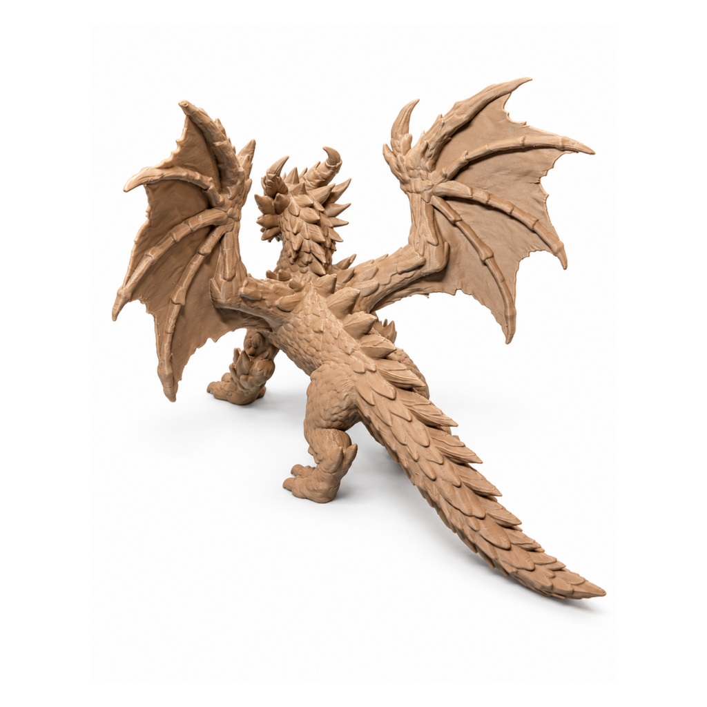 Wood Dragon Sculpture 3D print, rear view on white background